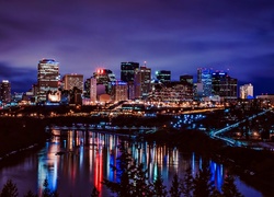 Drapacze Chmur, Rzeka, Most, Edmonton, Panorama, Miasta, Nocą