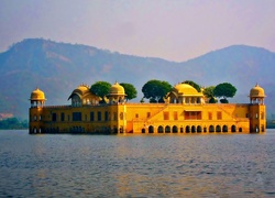 Wschód Słońca, Góry, Jezioro, Pałac, Jal Mahal, Jaipur