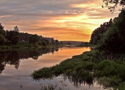 Rzeka, Zachód, Słońca, Drzewa