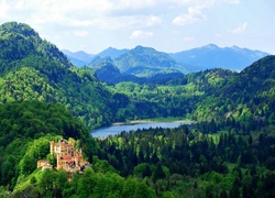 Góry, Lasy, Jezioro, Zamek, Hohenschwangau, Bawaria