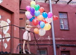 Blond, Dziewczyna, Domy, Kolorowe, Balony