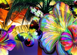 Kolorowe, Kwiaty, Motyle, Grafika 2D