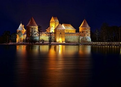 Zamek w Trokach, Litwa, Troki, Jezioro Galwe, Most, Drzewa, Noc