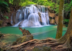 Wodospad, Huai Mae Khamin Waterfall, Drzewa, Rzeka, Skały, Kanchanaburi, Tajlandia