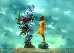 Robot, Dziewczynka, Kwiat, Prezent, Przyjaźń