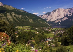Góry, Jezioro, Domy, Austria, Wieś