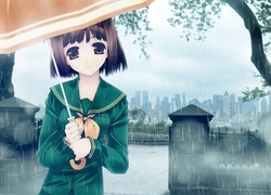 Dziewczyna, Parasol, Deszcz, Niebo, Park, Miasto, Manga, Anime