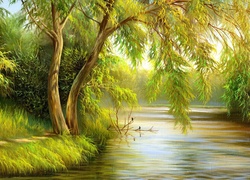 Malarstwo, Obraz, Rzeka, Drzewa