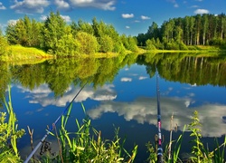 Jezioro, Chmury, Odbicie, Rośliny, Kolorowe, Wędki