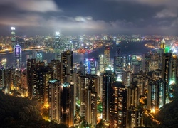 Hong Kong, Drapacze, Chmur, Miasto, Nocą