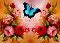 Niebieski, Motyl, Rożowe, Czerwone, Róże, Obraz