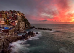 Morze, Skały, Domy, Miasto, Riomaggiore, Liguria