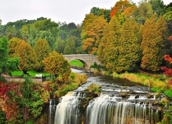 Park, Rzeka, Most, Wodospad, Drzewa, Jesień