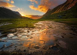 Norwegia, Lofoty, Góry, Wieczór, Zachód Słońca