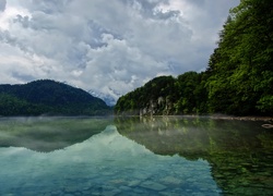 Jezioro, Las, Niebo, Chmury, Mgła