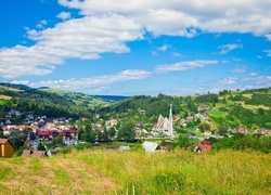 Domy, Drzewa, Chmury, Krościenko, Nad Dunajcem, Polska