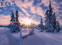 Norwegia, Zima, Wschód Słońca, Poranek, Droga