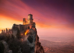 Zamek La Rocca o Guaita, Zamek Prima Torre, San Marino, Góra Monte Titano, Zachód słońca
