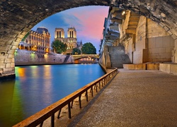 Paryż, Francja, Katedra Notre Dame, Rzeka, Bulwar, Zmierzch