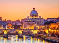 Watykan, Rzym, Most, Anioła, Tybr, Noc, Bazylika, Św. Piotra