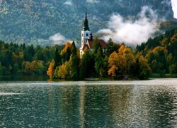Jezioro, Bled, Las, Mgła,  Kościół, Jesień, Słowenia
