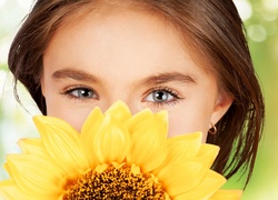 Dziewczynka, Oczy, Kwiat, Słonecznik