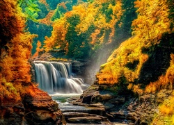 Jesień, Drzewa, Kamienie, Skałki, Rzeczka, Wodospad