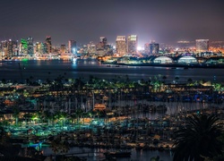 Kalifornia, San Diego, Port, Panorama Miasta, Noc, Światła