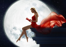 Grafika, Księżyc, Kobieta, Czerwona, Sukienka, Książka