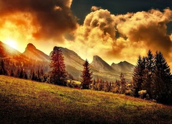 Góry, Lasy, Chmury, Piękny, Zachód, Słońca