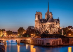 Rzeka, Most, Światła, Notre Dame, Paryż, Francja, Noc