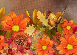 Kwiaty, Liście, Motyl