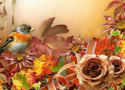 Kwiaty, Liście, Ptaszek, Jesienna, Kompozycja