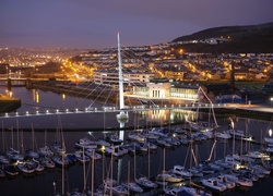 Marina, Yacht, Most, Miasto nocą