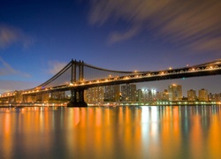 Most, Brookliński, Nowy Jork, USA, Miasto, Nocą, Rzeka, Manhattan