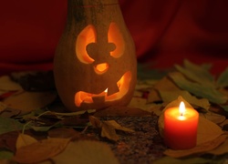 Dynia, Świeczka, Liście, Jesień, Halloween