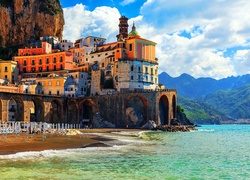 Włochy, Positano, Morze, Hotele, Góry, Zdjęcie Miasta, Wybrzeże