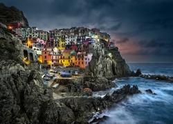 Morze, Domy, Noc, Manarola, Włochy