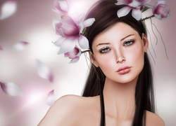 Grafika, Brunetka, Kwiaty, Magnolia