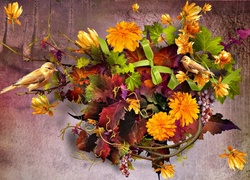 Jesienny Bukiet, Kwiaty, Liście, Ptaszki, Art