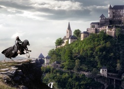 Fantasy, Góra, Zamek, Rycerz, Koń