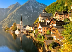 Jezioro, Góry, Hallstatt, Austria, Jesień