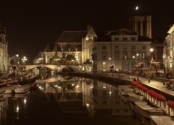 Miasto, Nocą, Belgia, Kanał, Most, Deptak, Budynki