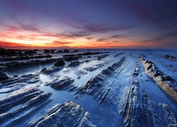 Kamienista, Plaża, Zachód, Słońca, Mgła