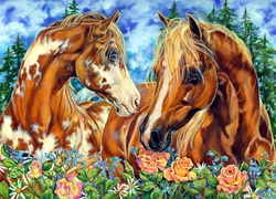 Konie, Kwiaty, Róże, Obraz, Grafika