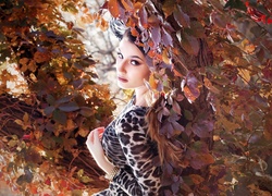 Kobieta, Drzewo, Liście, Jesień