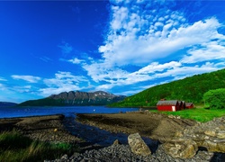 Jezioro, Góry, Lasy, Domy, Norwegia