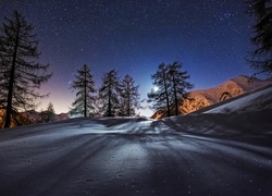 Zima, Noc, Góry, Drzewa, Gwiazdy