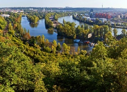 Miasto, Rzeka, Drzewa, Panorama