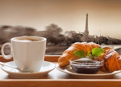 Śniadanie, Rogalik, Kawa, Paryż, Wieża, Eiffla